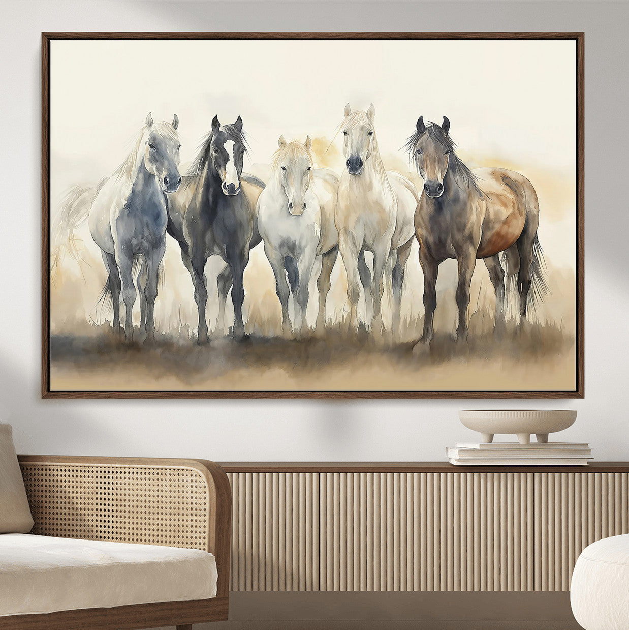 MGV-FC-36X24 - Wild Horses Wall Art Canvas Print, Framed Running Horses Art Picture Print, Watercolor Horses Perfect Rustic Western Decor Artwork