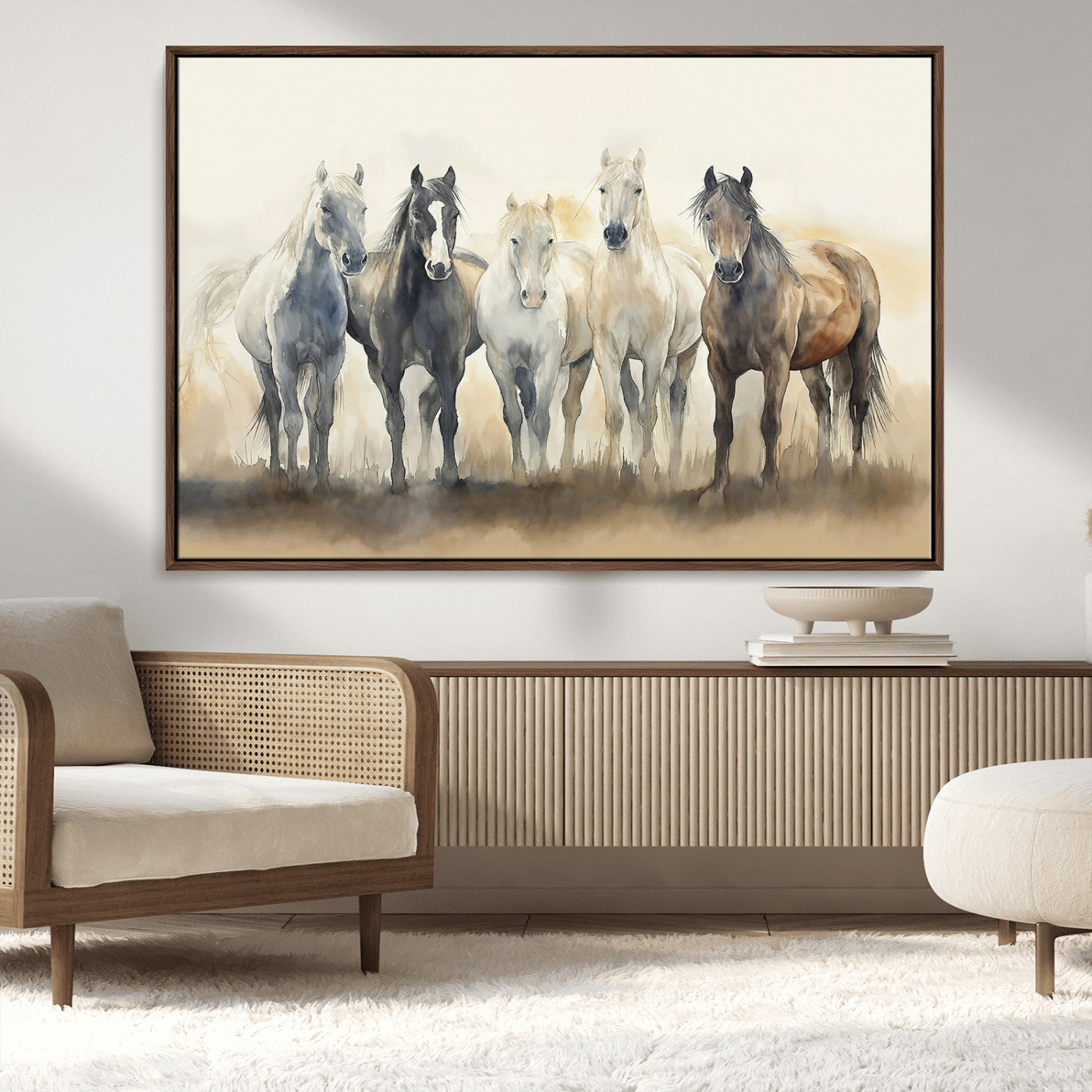 MGV-FC-36X24 - Wild Horses Wall Art Canvas Print, Framed Running Horses Art Picture Print, Watercolor Horses Perfect Rustic Western Decor Artwork