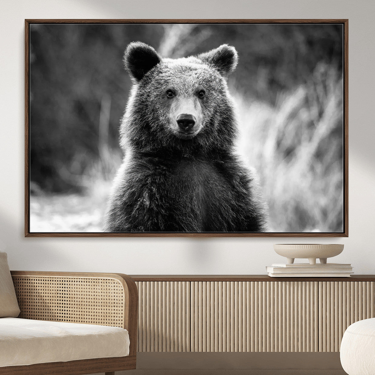 55656803-MGV-CV-36X24-Grizzly Bear Wall Art Canvas Print – Framed Black White Wildlife Rustic Nature Artwork for Home, Office Decor