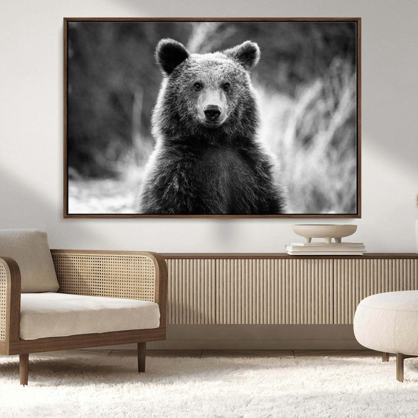 MGV-FC-36X24 - Grizzly Bear Wall Art Canvas Print, Framed Black White Bear Art Picture Print, Wild Bear Perfect Rustic Wildlife Decor Artwork
