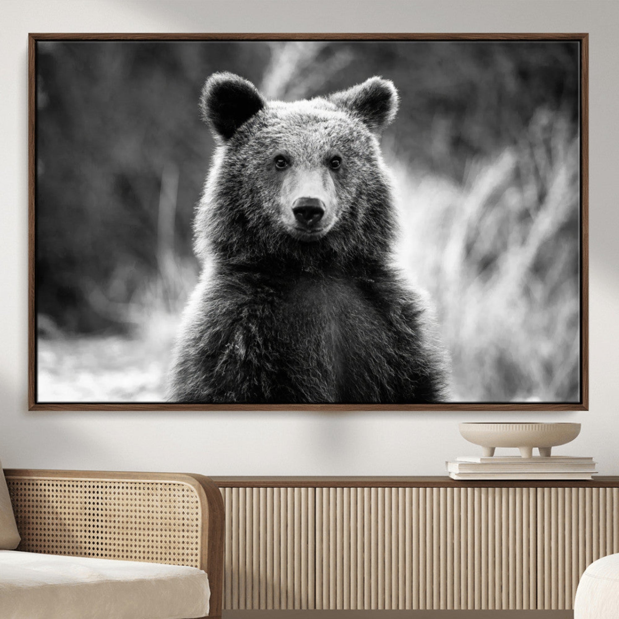 -Grizzly Bear Wall Art Canvas Print, Framed Black White Bear Art Picture Print, Wild Bear Perfect Rustic Wildlife Decor Artwork