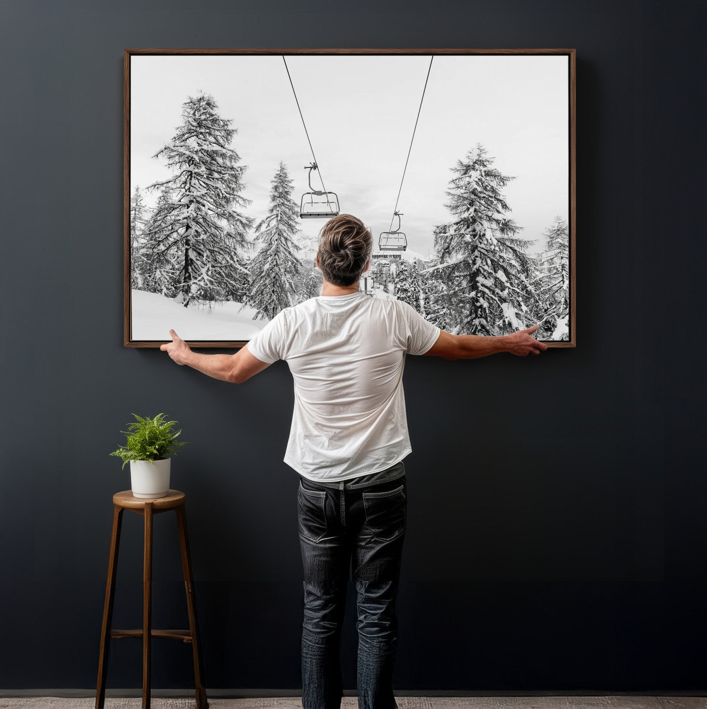 55003599-MGV-CV-36X24 - Wall Art Canvas Print Winter Chairlift Views Silent Snow-Covered Pines Mountain Calm Serenity Frozen