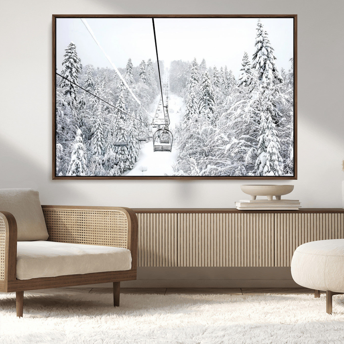 MGV-FC-36X24 - Snowy Mountains Wall Art Canvas Print, Framed Ski Lift Art Picture Print, Winter Forest Perfect