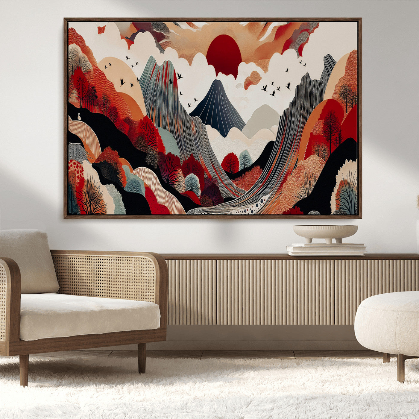 MGV-FC-36X24 - Abstract Mountain Wall Art Canvas Print, Framed Vibrant Landscape Art Picture Print, Stylized Nature Drawing Perfect Contemporary Minimalist Decor Artwork