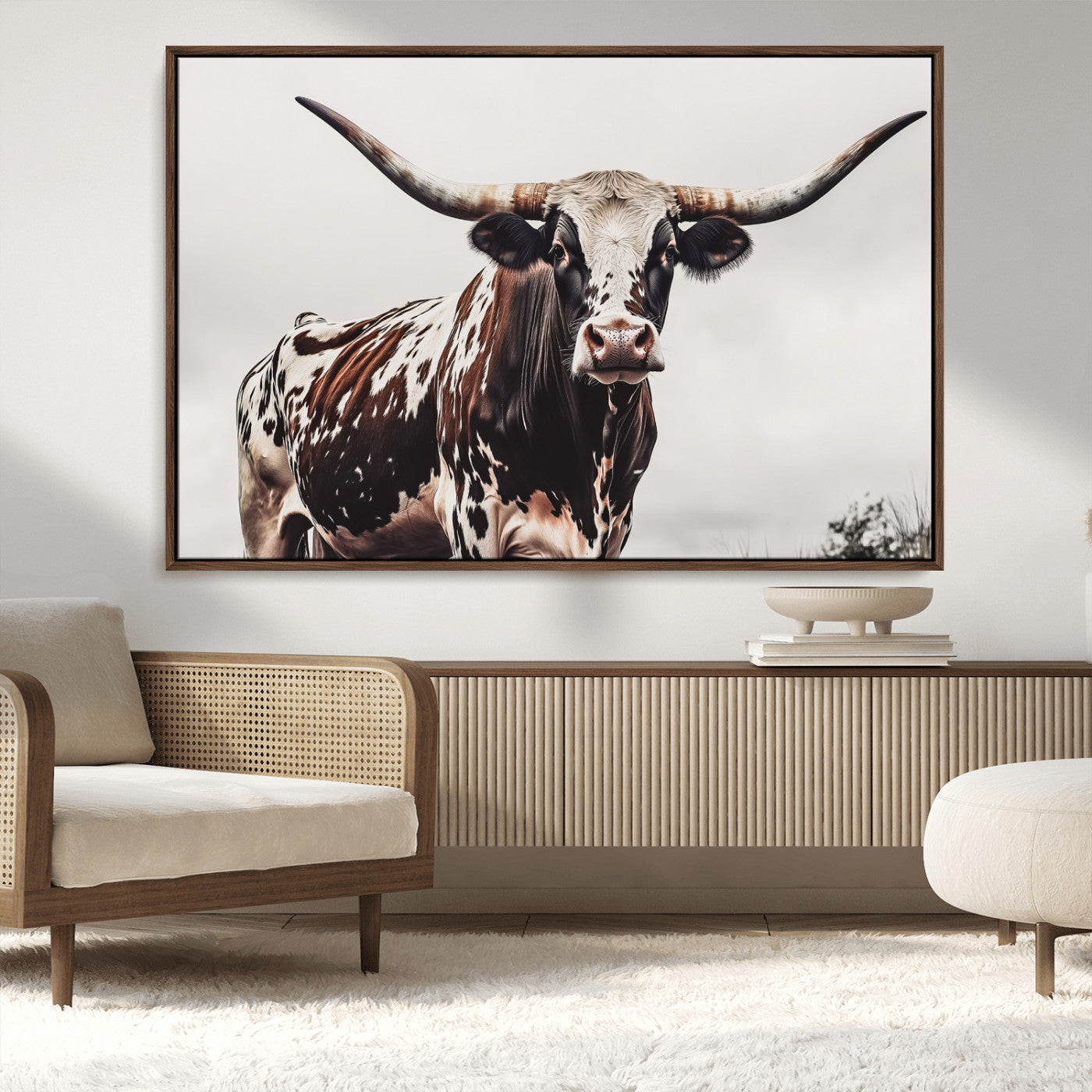 MGV-FC-36X24 - Texas Longhorn Wall Art Canvas Print, Framed Spotted Bull Art Picture Print, Horned Cattle Perfect Rustic Farmhouse Decor Artwork