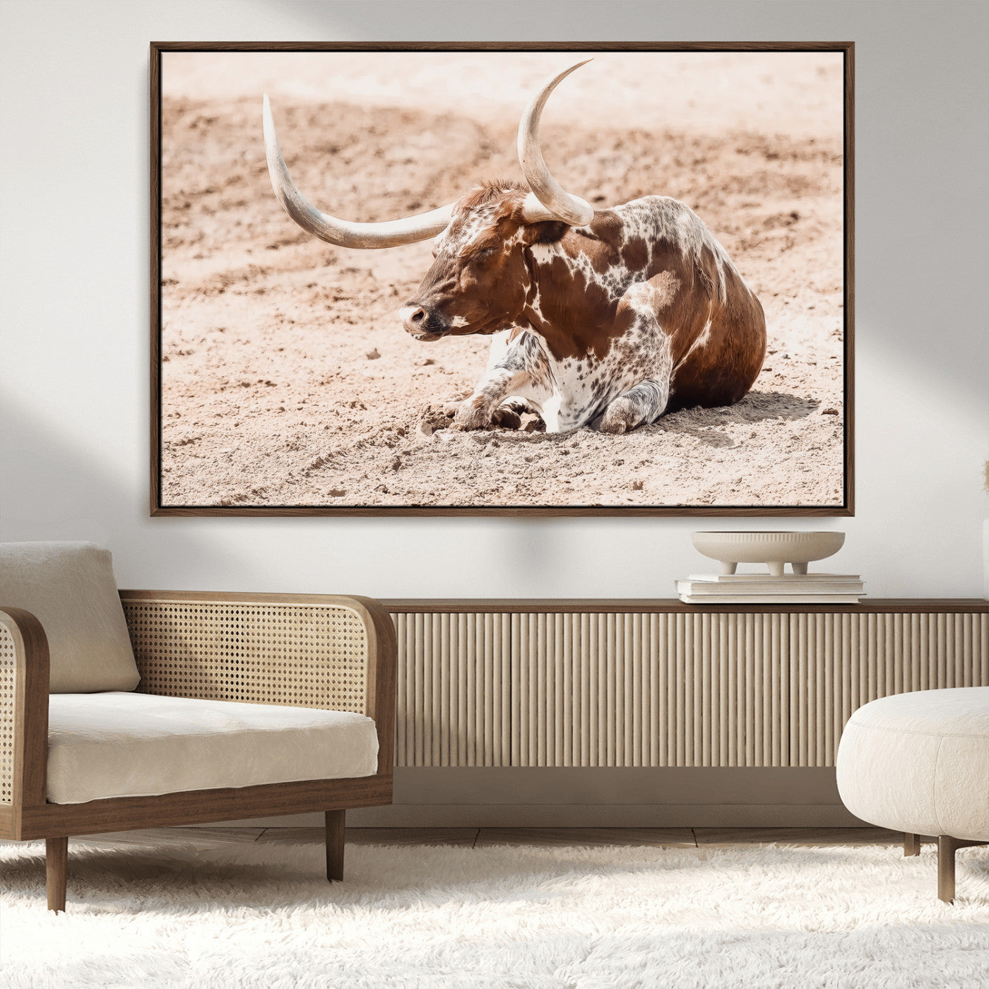 MGV-FC-36X24 - Texas Longhorn Wall Art Canvas Print, Framed Resting Bull Art Picture Print, Spotted Cattle Perfect Rustic Western Decor Artwork
