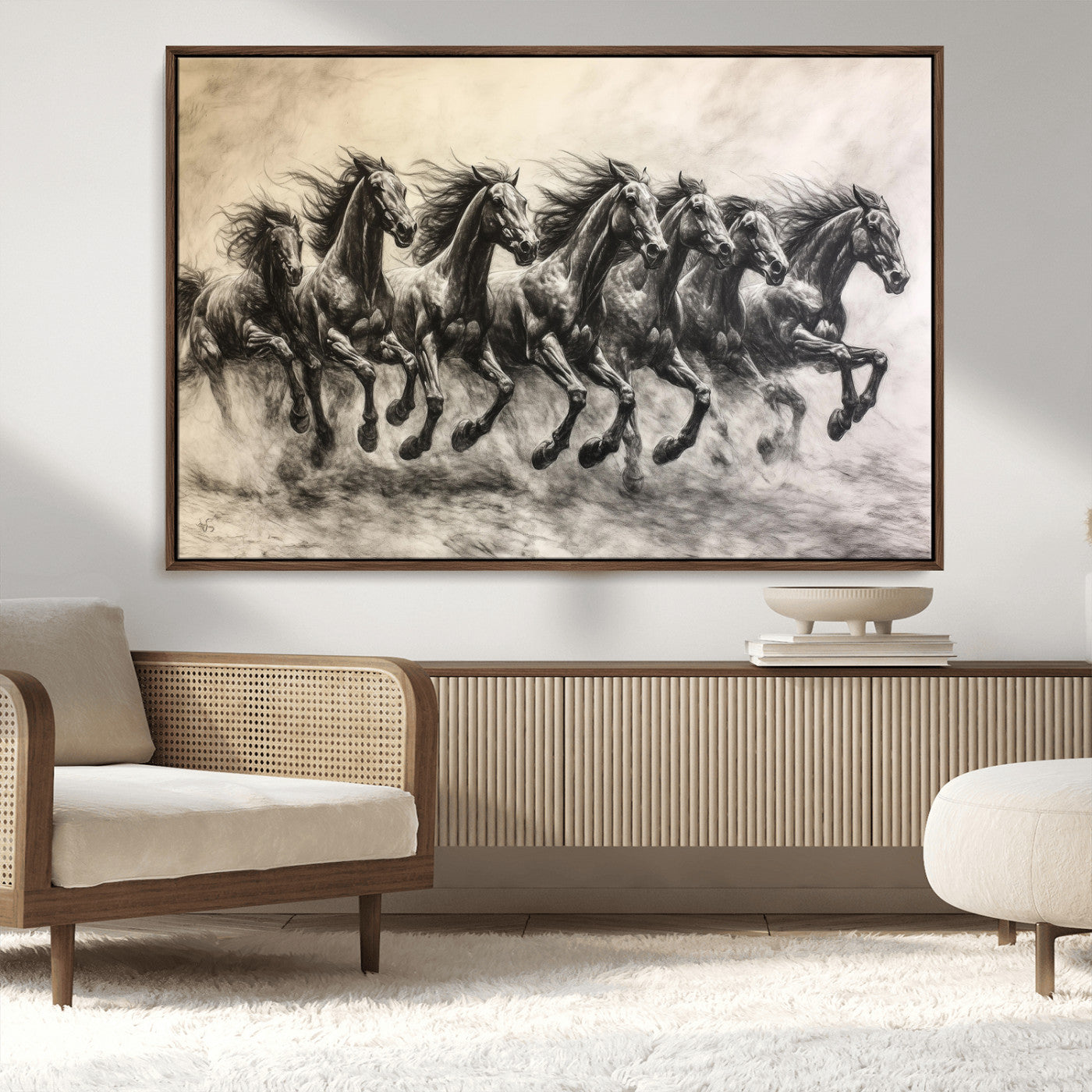MGV-FC-36X24 - Galloping Horses Wall Art Canvas Print, Framed Wild Stallions Art Picture Print, Horse Herd Sketch Perfect Monochrome Dynamic Decor Artwork