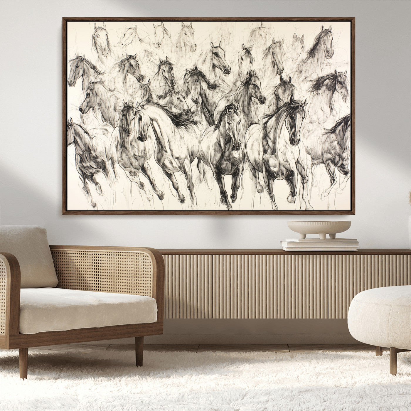 MGV-FC-36X24 - Running Horses Wall Art Canvas Print, Framed Horse Sketch Art Picture Print, Galloping Herd Perfect Monochrome Western Decor Artwork