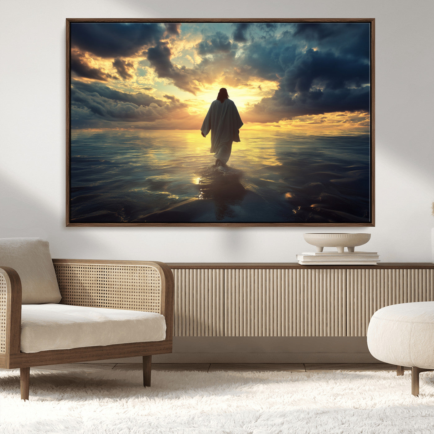 MGV-FC-36X24 - Jesus Walks Wall Art Canvas Print, Framed Divine Sunset Art Picture Print, Spiritual Light Perfect Spiritual Tranquil Decor Artwork