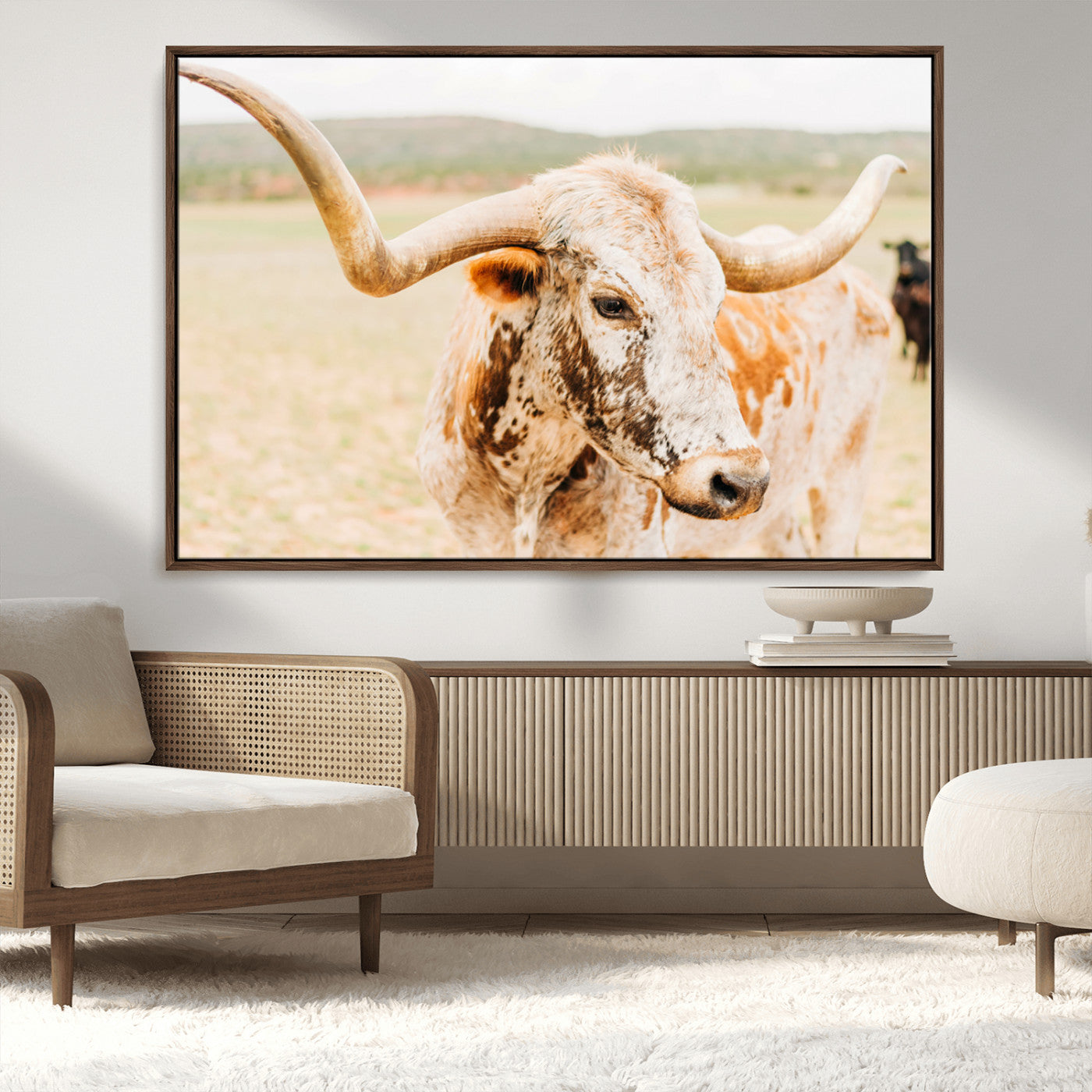 MGV-FC-36X24 - Texas Longhorn Wall Art Canvas Print, Framed Speckled Cow Art Picture Print, Rustic Bull Perfect Rustic Western Decor Artwork