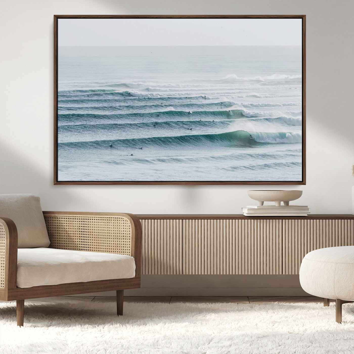 MGV-FC-36X24 - Ocean Waves Wall Art Canvas Print, Framed Surfer Lineup Art Picture Print, Crowded Ocean Perfect Minimal Coastal Decor Artwork