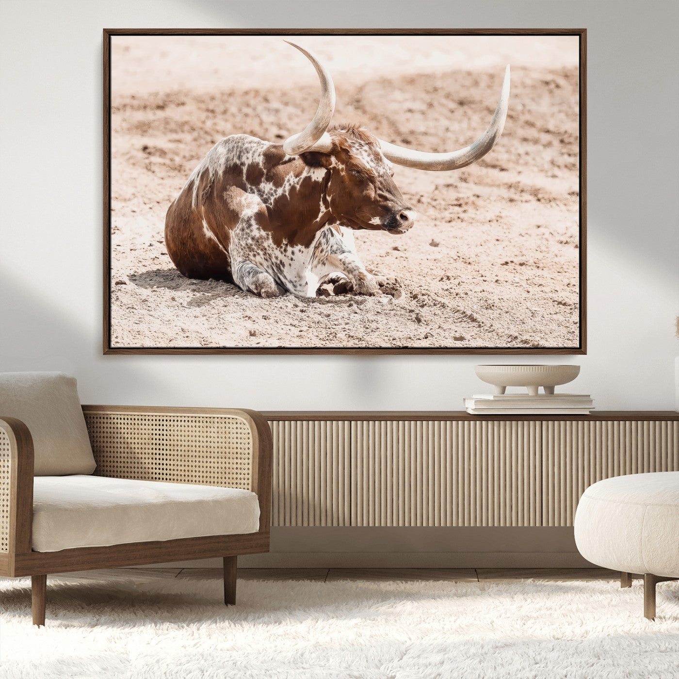 MGV-FC-36X24 - Texas Longhorn Wall Art Canvas Print, Framed Resting Bull Art Picture Print, Spotted Cattle Perfect Rustic Western Decor Artwork
