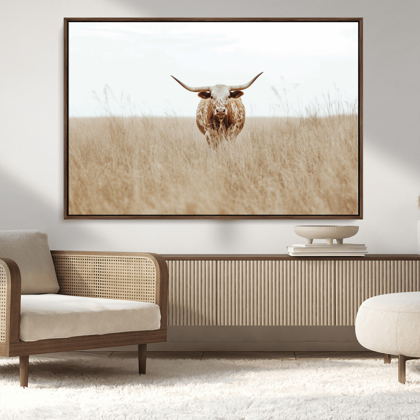 MGV-FC-36X24 - Texas Longhorn Wall Art Canvas Print, Framed Lone Cattle Art Picture Print, Longhorn Bull Perfect Rustic Western Decor Artwork