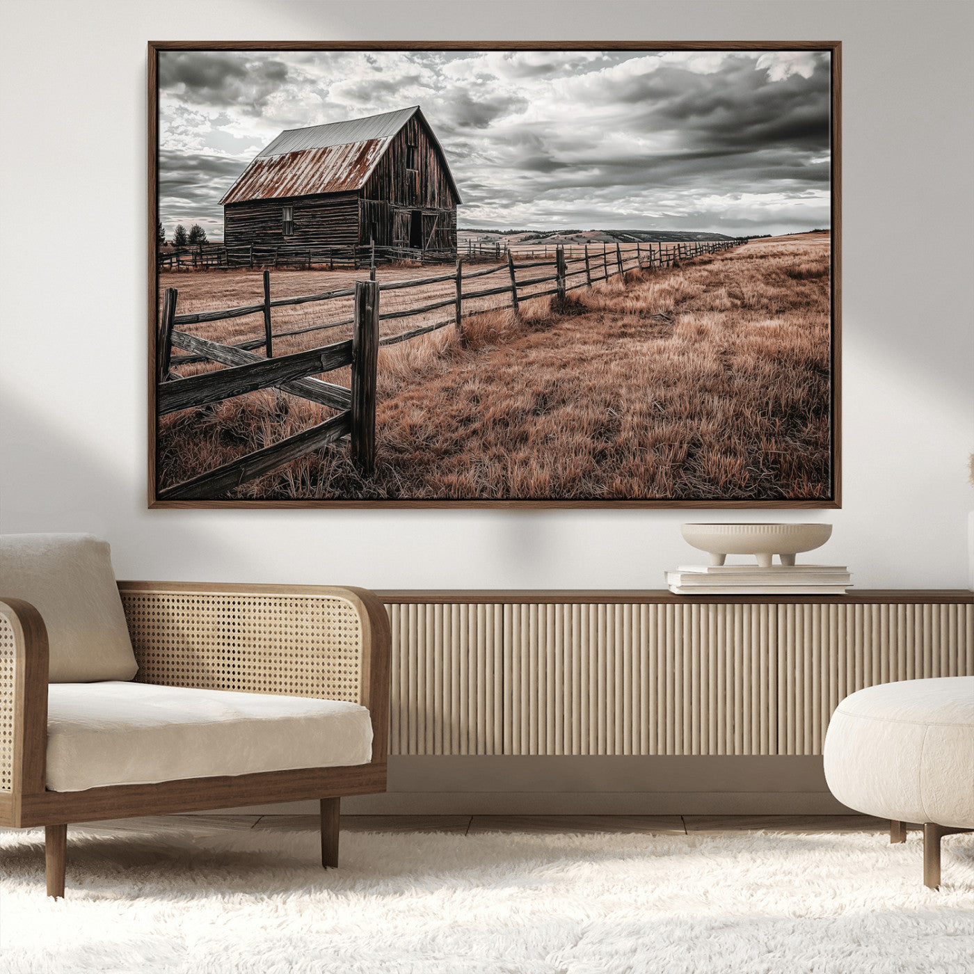 MGV-FC-36X24 - Rustic Barn Wall Art Canvas Print, Framed Moody Field Art Picture Print, Weathered Fence Perfect Moody Farmhouse Decor Artwork