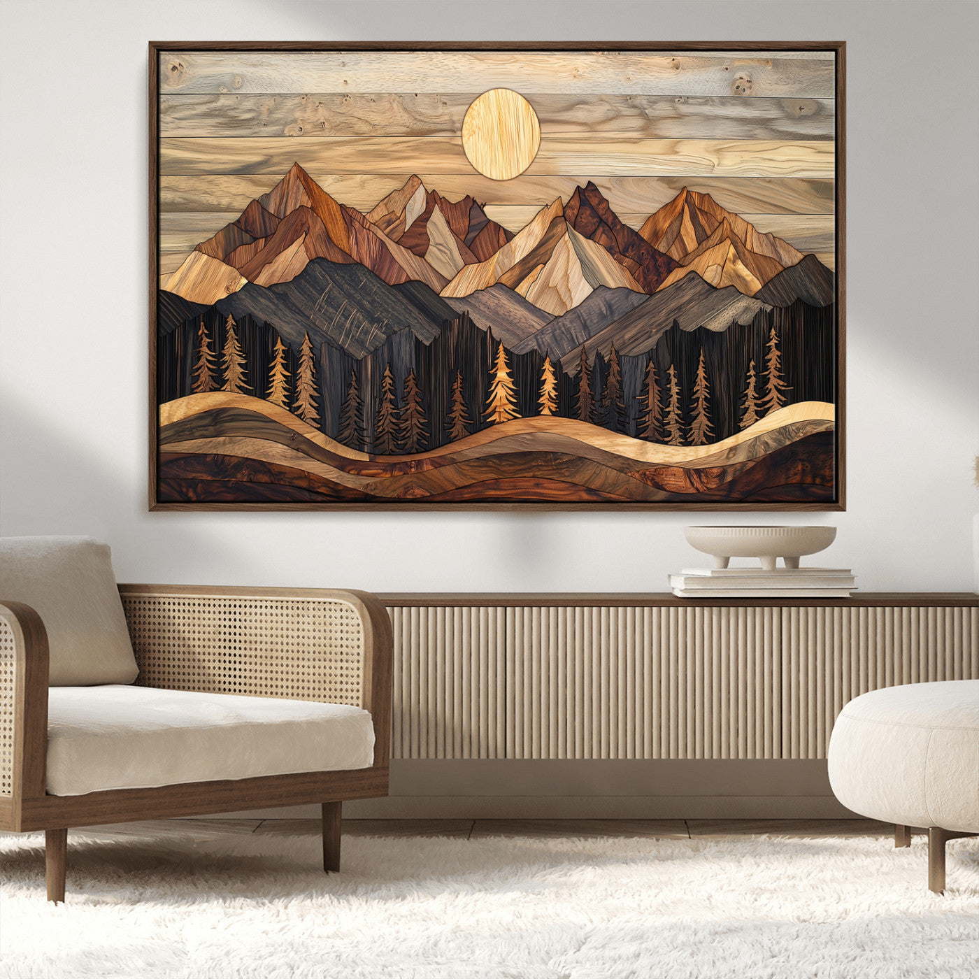 MGV-FC-36X24 - Wood Mountain Wall Art Canvas Print, Framed Boho Wood Art Picture Print, Abstract Woodland Perfect Farmhouse Decor Artwork