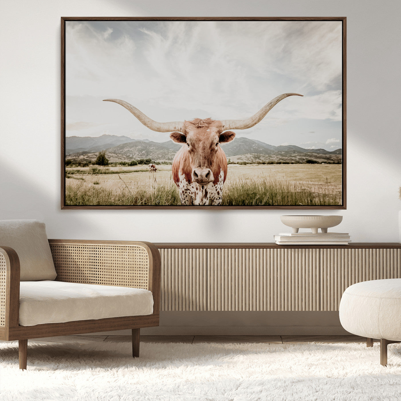 MGV-FC-36X24 - Texas Longhorn Wall Art Canvas Print, Framed Western Cow Art Picture Print, Rustic Farmhouse Perfect Farmhouse Decor Artwork