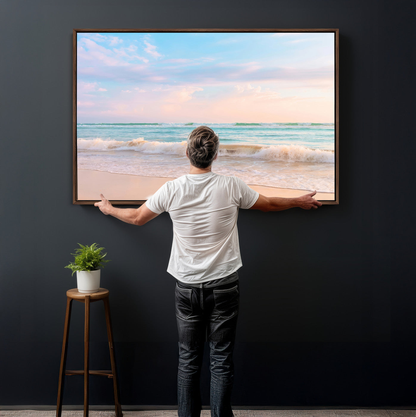 74679437-MGV-CV-36X24 - Serene Waves Wall Art – Golden Shore & Soft Pastel Sky Canvas Print, Gentle Ocean and Peaceful Sunset for Living Room or Office