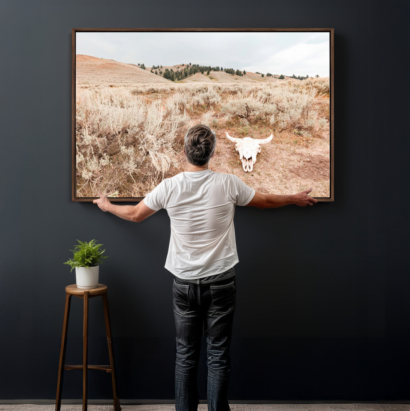 97234735-MGV-CV-36X24 - Desert Skull Wall Art – Arid Landscape & Sagebrush Canvas Print, Rustic Nature and Earth Tones for Living Room or Minimalist Decor