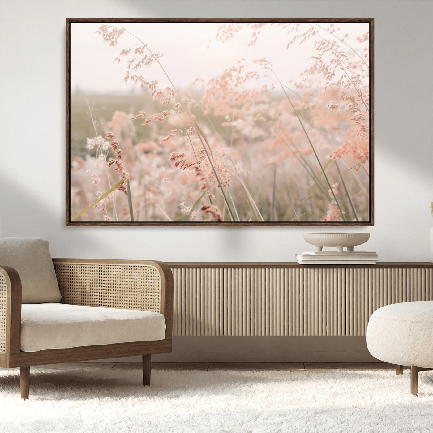 MGV-FC-36X24 - Pastel Grasses Wall Art Canvas Print, Framed Soft Meadow Art Picture Print, Field in Breeze Perfect Soft Pastel Minimal Decor Artwork