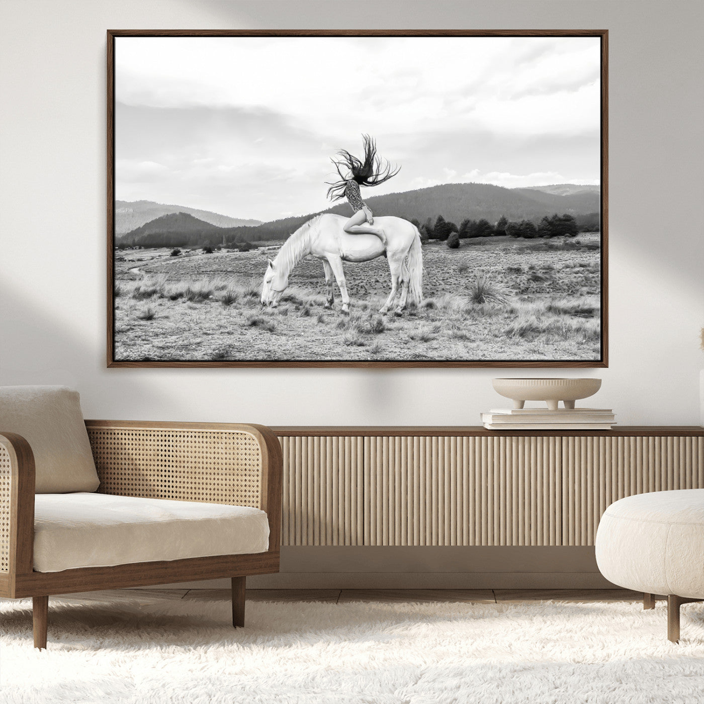 MGV-FC-36X24 - White Horse Wall Art Canvas Print, Framed Woman Rider Art Picture Print, Equestrian Pose Perfect Western Boho Decor Artwork