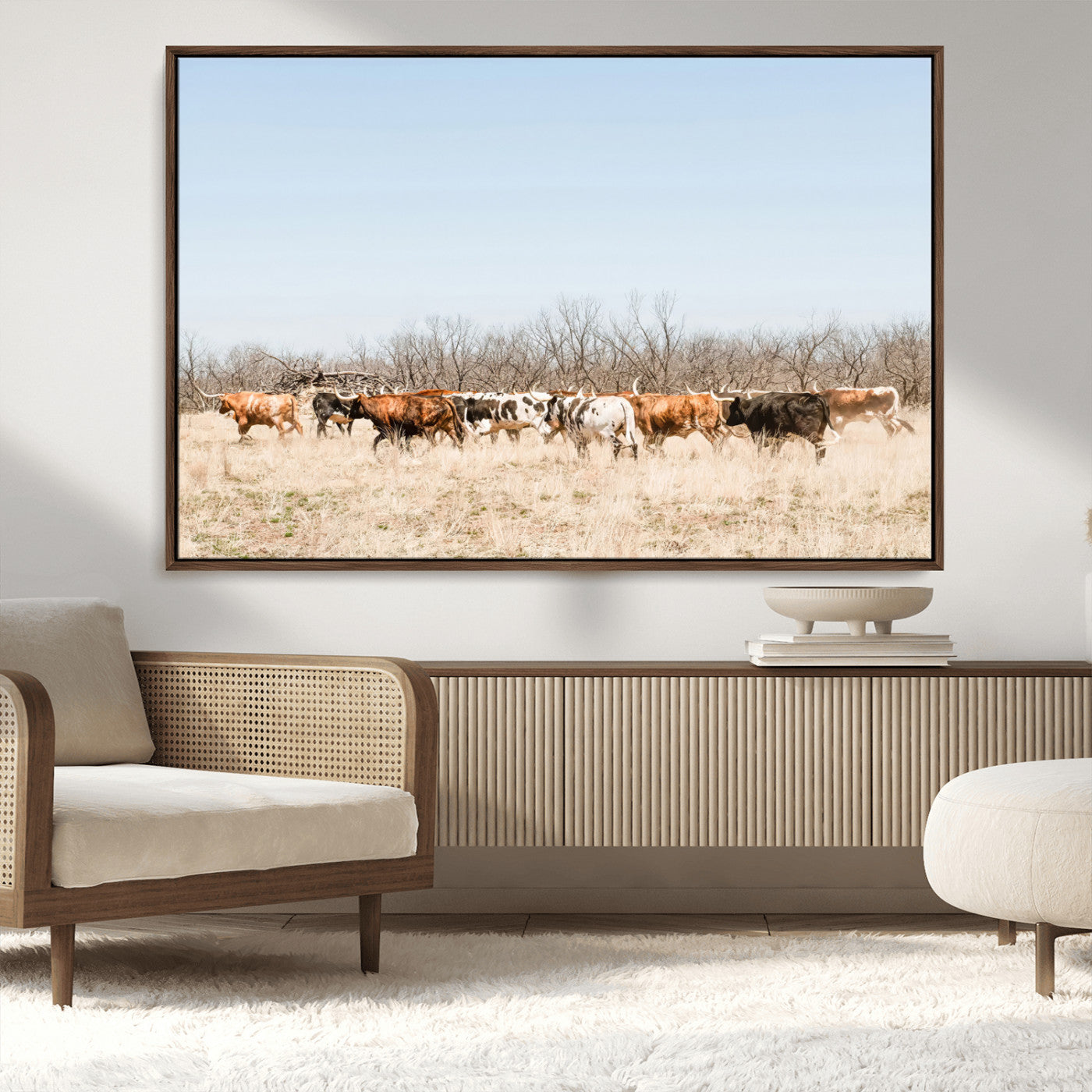 MGV-FC-36X24 - Texas Longhorns Wall Art Canvas Print, Framed Western Cattles Art Picture Print, Rustic Herd Perfect Rustic Farmhouse Decor Artwork