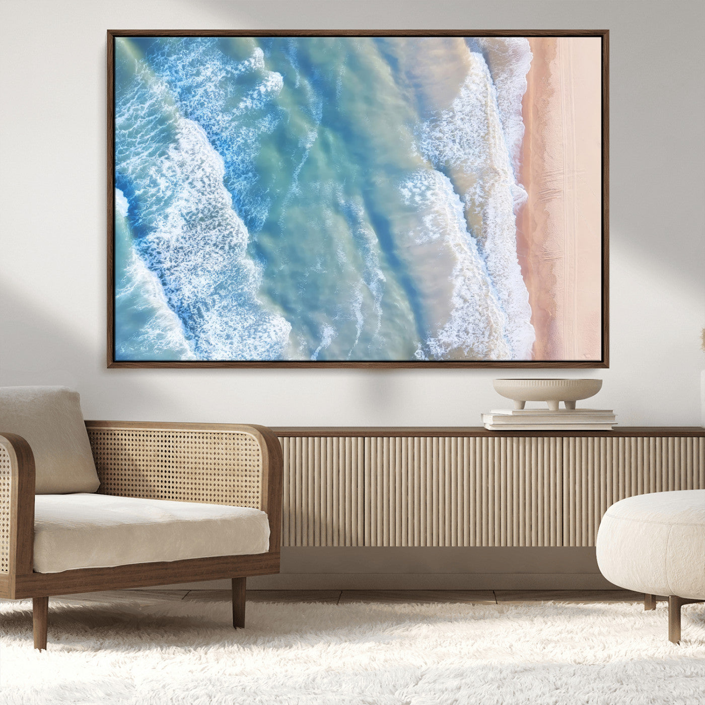 MGV-FC-36X24 - Aerial Ocean View Wall Art Canvas Print, Framed Soft Blue Waves Art Picture Print, Sandy Shoreline Perfect Modern Coastal Decor Artwork