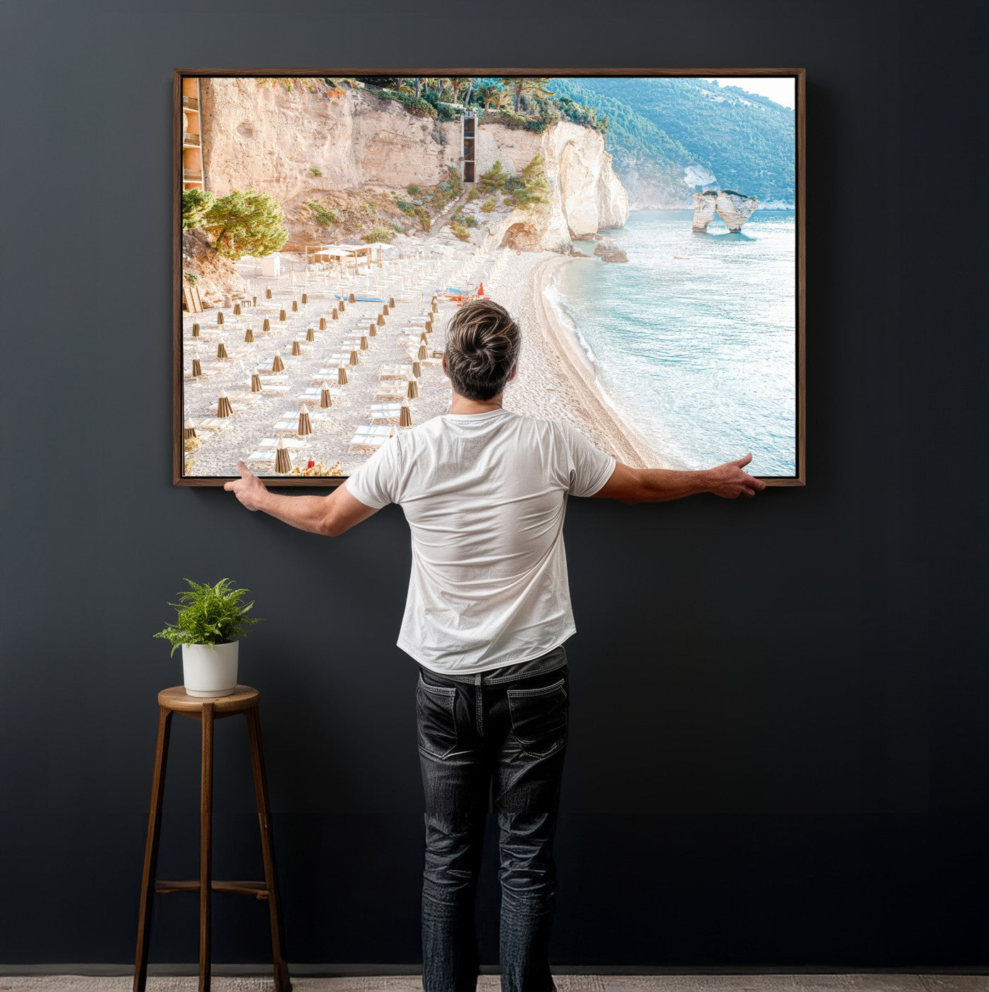 84816639-MGV-CV-36X24 - Sunny Beach Wall Art – Chairs & Umbrellas Canvas Print, Clear Water, Rocky Cliffs, Coastal Calm for Living Room or Vacation Home Decor