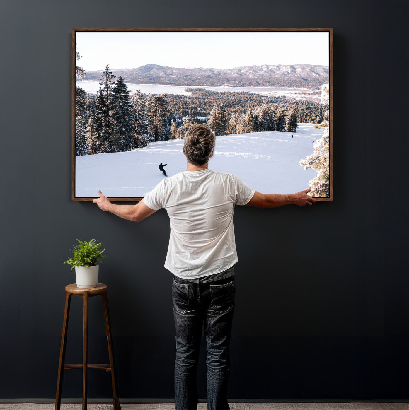 79857868-MGV-CV-36X24 - Snowboarder Wall Art – Winter Slope Canvas Print, Pine Forest, Snow-Covered Mountains, Outdoor Adventure for Living Room or Cabin Decor
