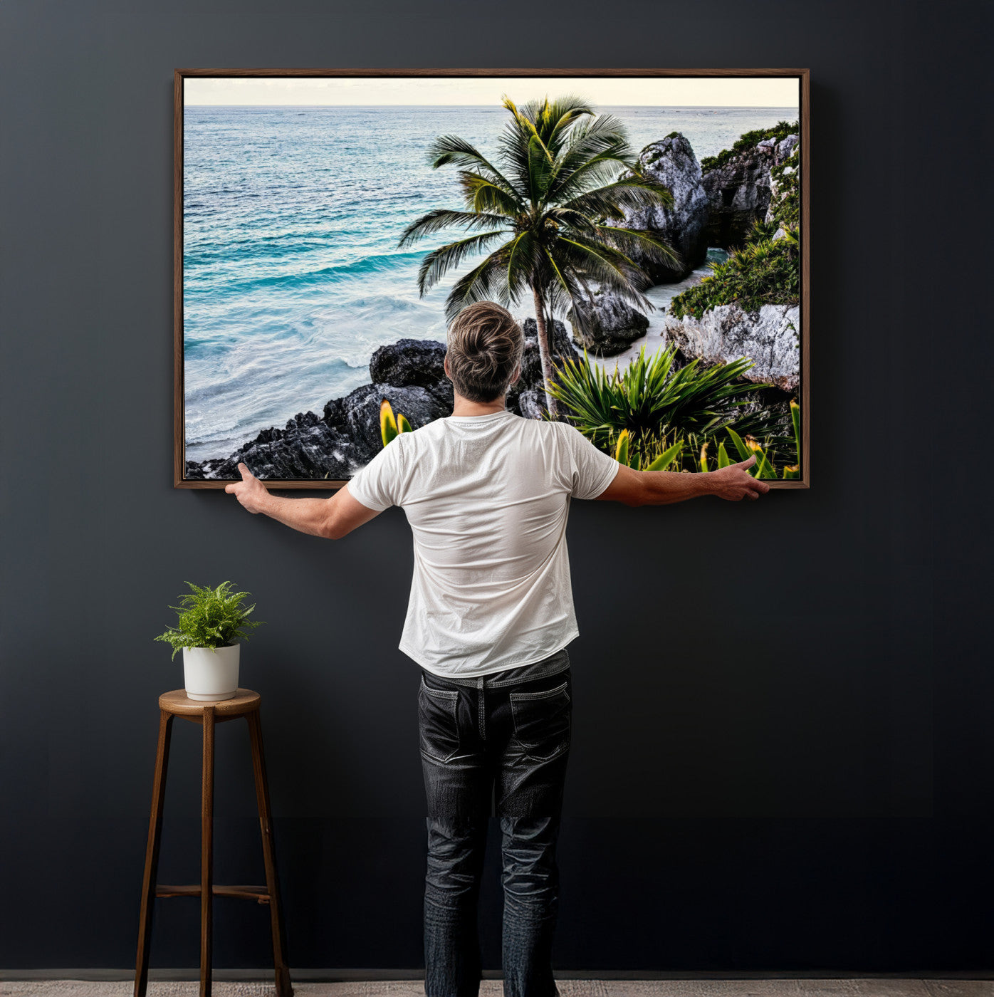 94669907-MGV-CV-36X24 - Tropical Palm Wall Art – Coastal Rocks Canvas Print, Ocean Breeze, Sandy Shore, Vibrant Green Foliage for Living Room or Beach House Decor