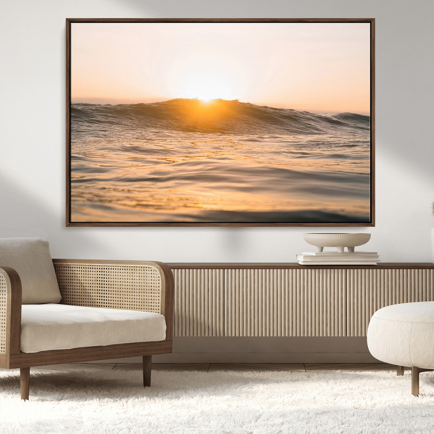 MGV-FC-36X24 - Calm Water Wall Art Canvas Print, Framed Sunset Waves Art Picture Print, Coastal Warmth Perfect Warm Minimalist Decor Artwork