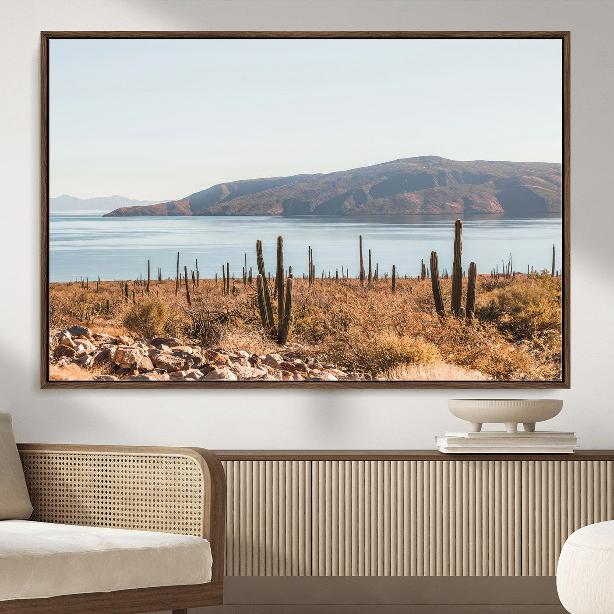 45193515-MGV-CV-36X24-Desert Lake Wall Art – Framed Cactus Mountain Canvas Artwork, Earthy Southwest Design, Rustic Nature Decor for Home, Office
