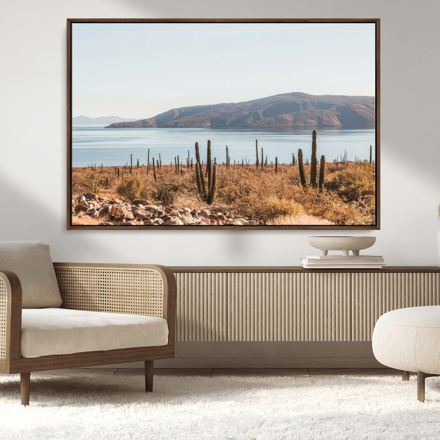 MGV-FC-36X24 - Desert Cactus Wall Art Canvas Print, Framed Baja Coastline Art Picture Print, Coastal Desert Perfect Southwestern Minimalist Decor Artwork