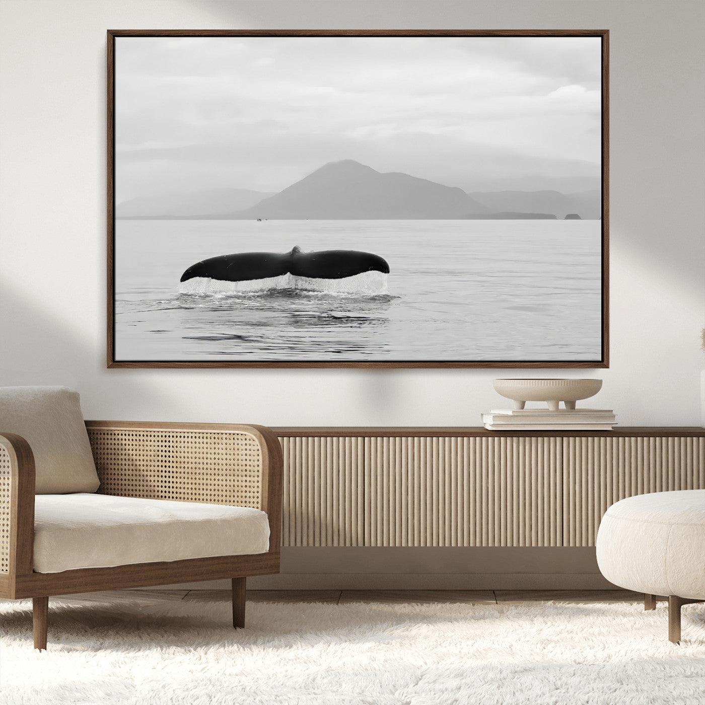 MGV-FC-36X24 - Whale Tail Wall Art Canvas Print, Framed Black White Ocean Art Picture Print, Calm Marine Perfect Minimalist Coastal Decor Artwork