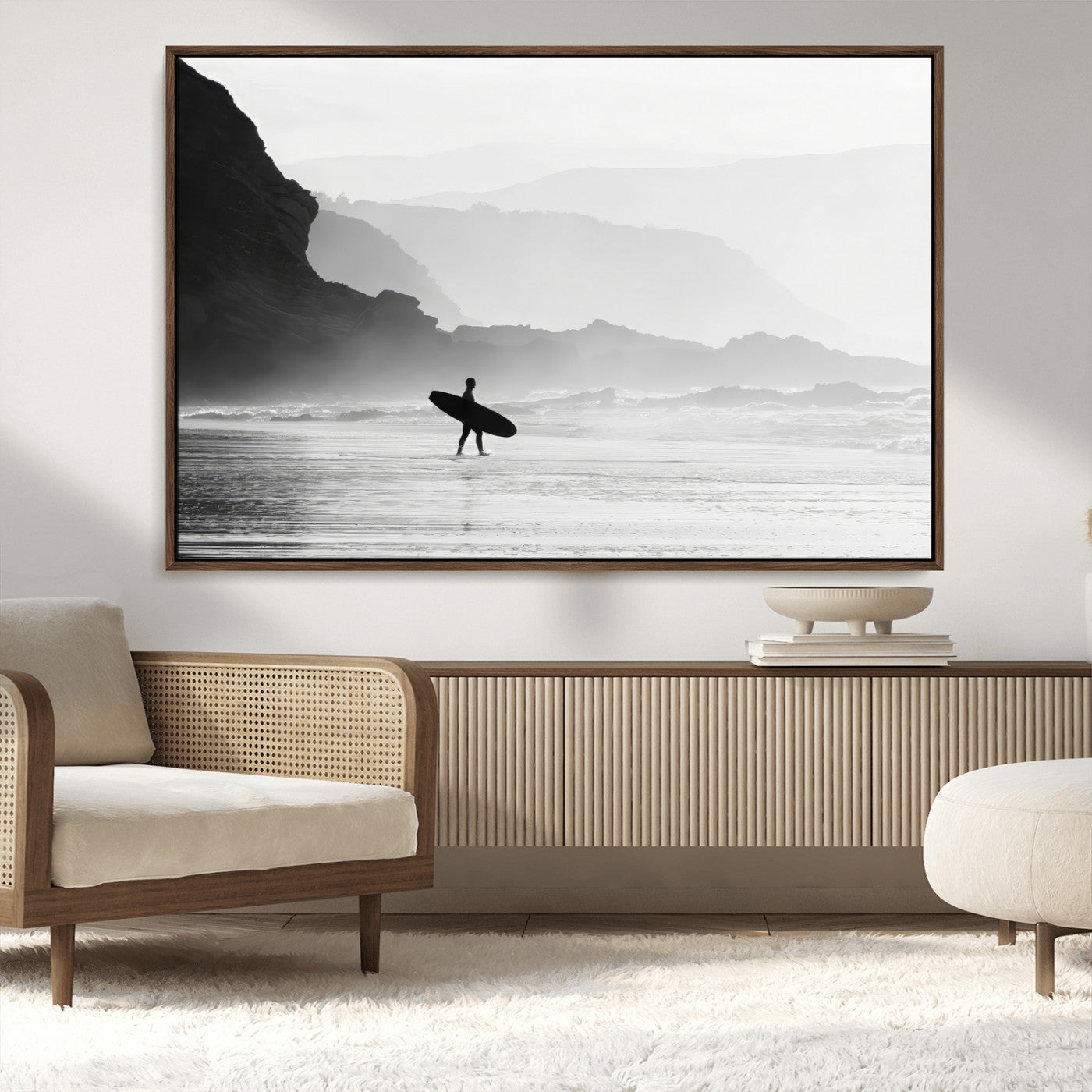 MGV-FC-36X24 - Surfer In Fog Wall Art Canvas Print, Framed Moody Shoreline Art Picture Print, Cliffside Waves Perfect Minimalist Coastal Decor Artwork