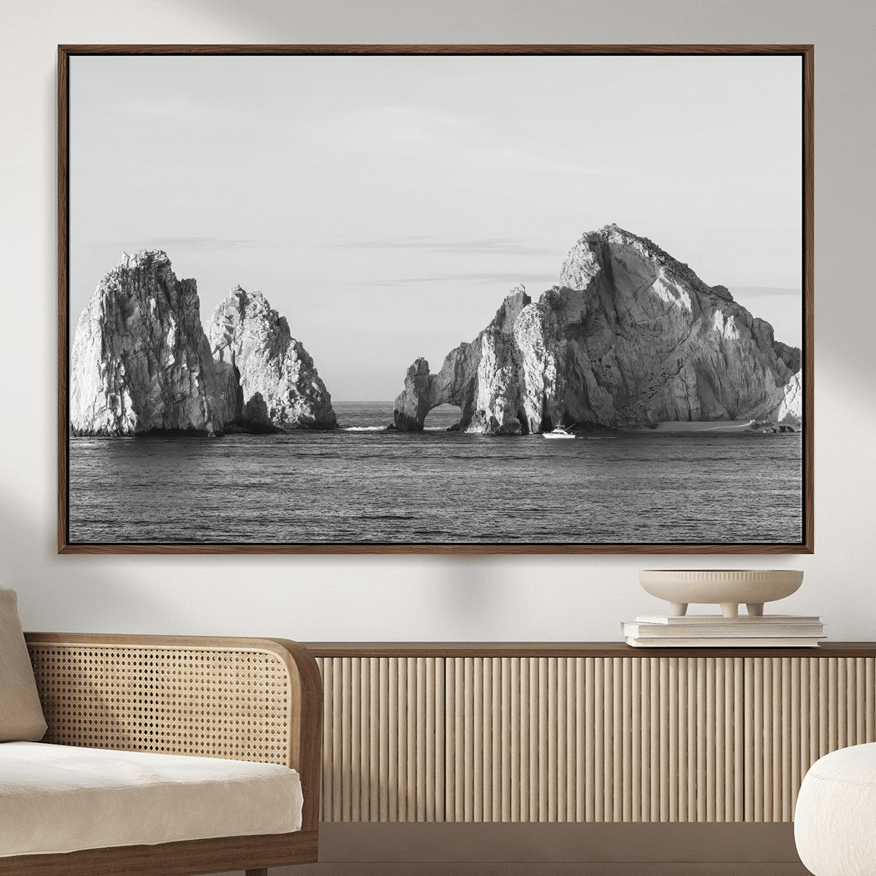 18810731-MGV-CV-36X24-Coastal Rock Arch Wall Art – Framed Black White Ocean Canvas Artwork, Natural Cliff Design, Minimal Decor for Home, Office