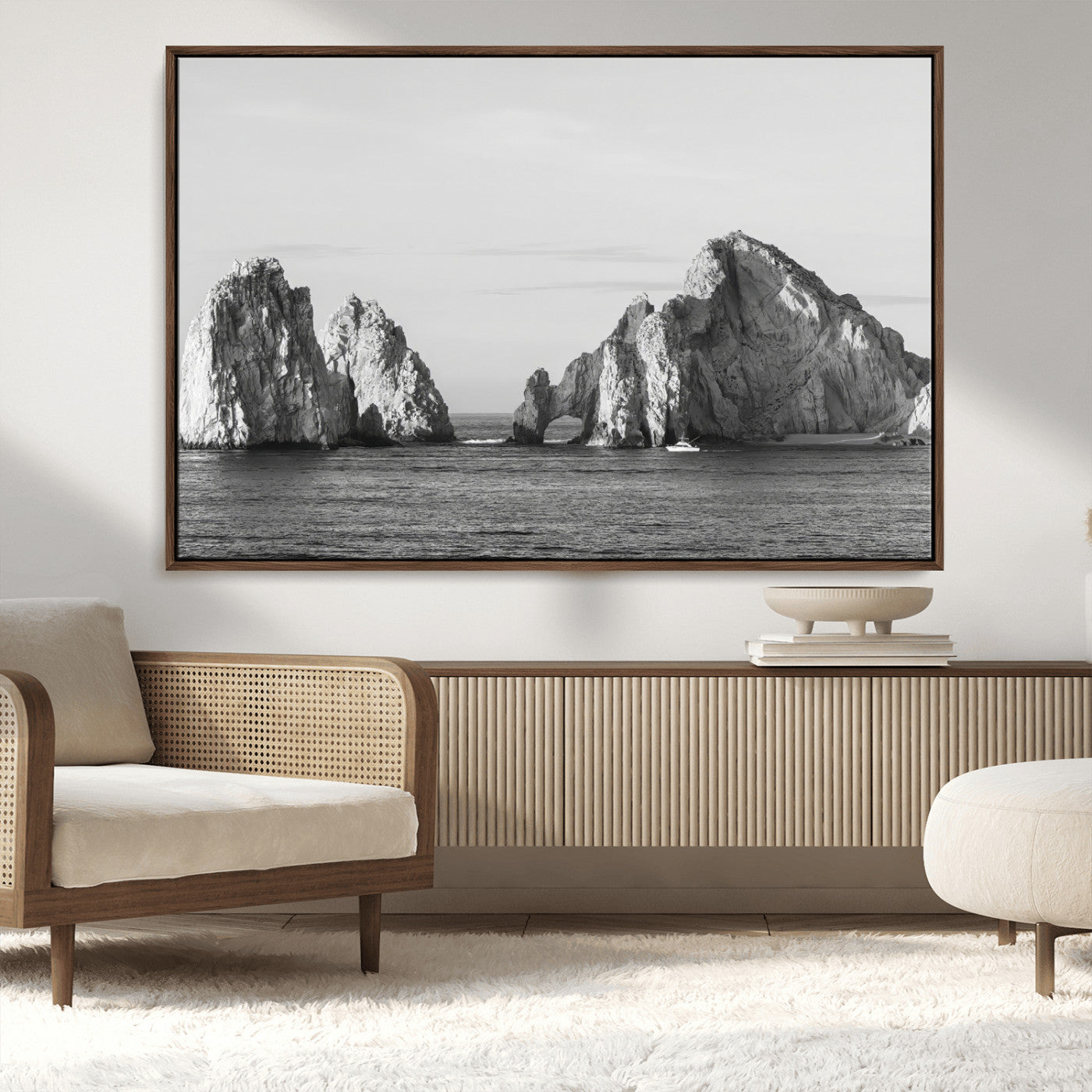 MGV-FC-36X24 - Rugged Coastline Wall Art Canvas Print, Framed Ocean Cliffs Art Picture Print, Monochrome Seascape Perfect Coastal Minimalist Decor Artwork
