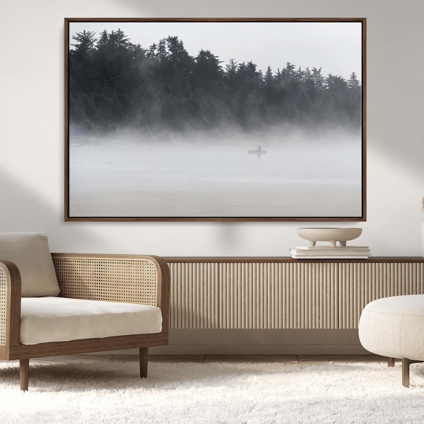 MGV-FC-36X24 - Surfer in Fog Wall Art Canvas Print, Framed Foggy Beach Art Picture Print, Coastal Surf Perfect Moody Coastal Decor Artwork