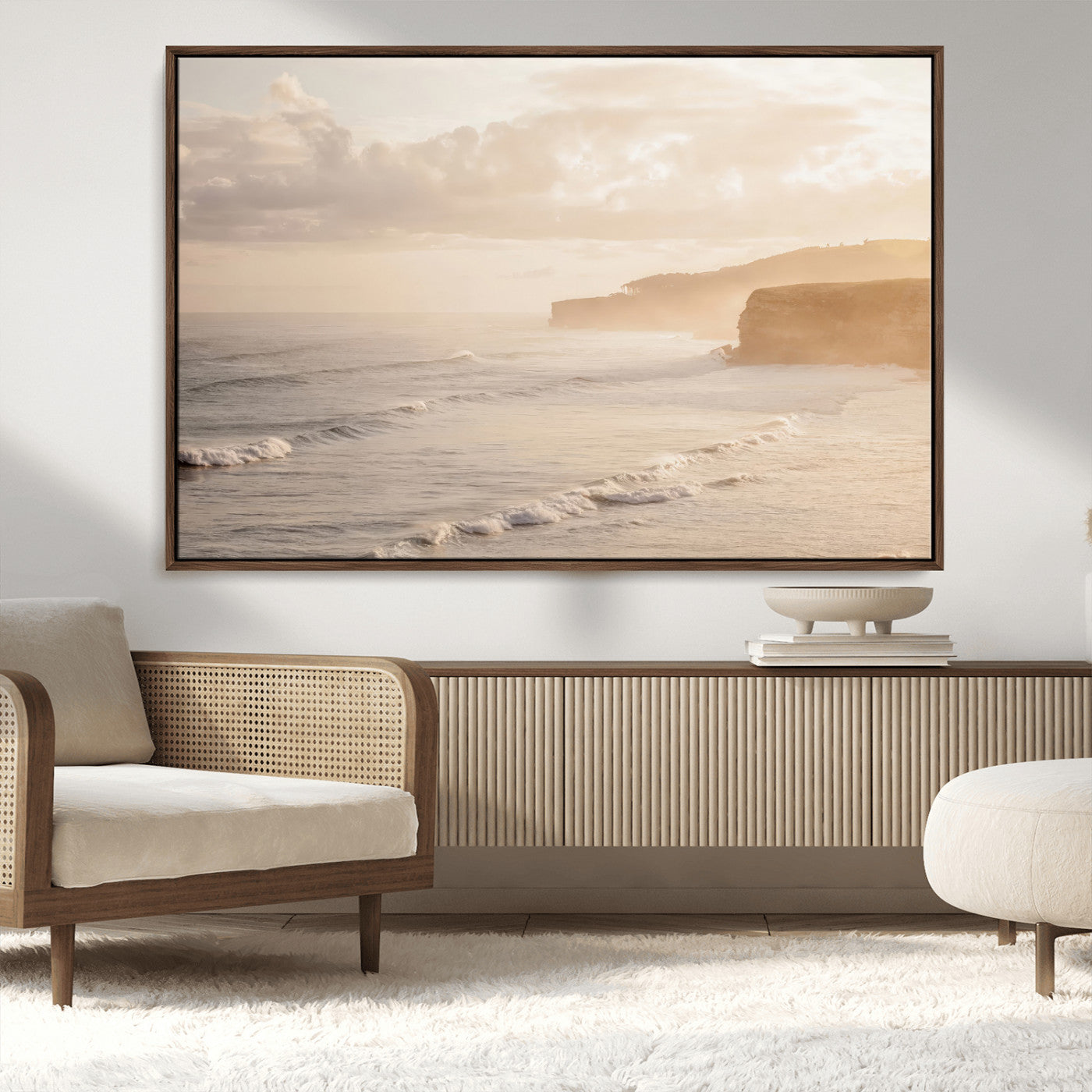 MGV-FC-36X24 - Misty Coastal Wall Art Canvas Print, Framed Golden Sunset Art Picture Print, Serene Shoreline Perfect Tranquil Coastal Decor Artwork