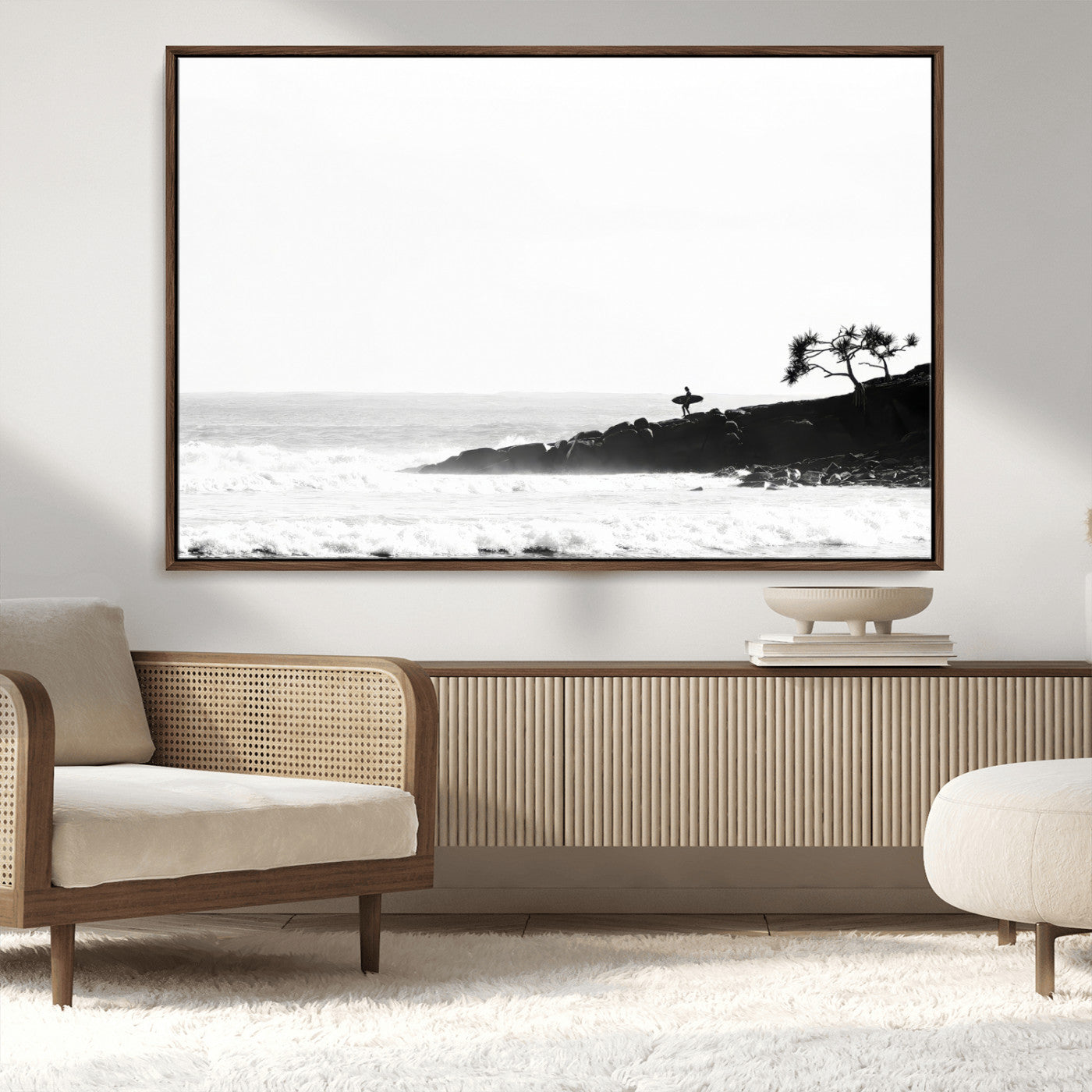 MGV-FC-36X24 - SurferCliffs Wall Art Canvas Print, Framed Black White Beach Art Picture Print, Ocean Waves Perfect Minimalist Coastal Decor Artwork