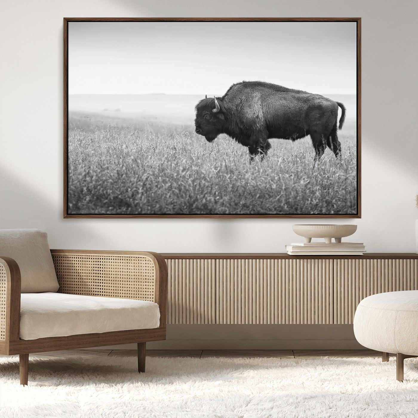 MGV-FC-36X24 - Bison In Prairie Wall Art Canvas Print, Framed Rustic Wildlife Art Picture Print, Wild Buffalo Perfect Rustic Western Decor Artwork