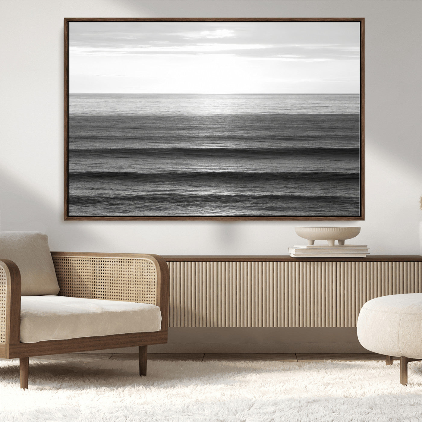 MGV-FC-36X24 - Monochrome Ocean Wall Art Canvas Print, Framed Moody Ocean Art Picture Print, Calm Ocean Perfect Minimalist Coastal Decor Artwork