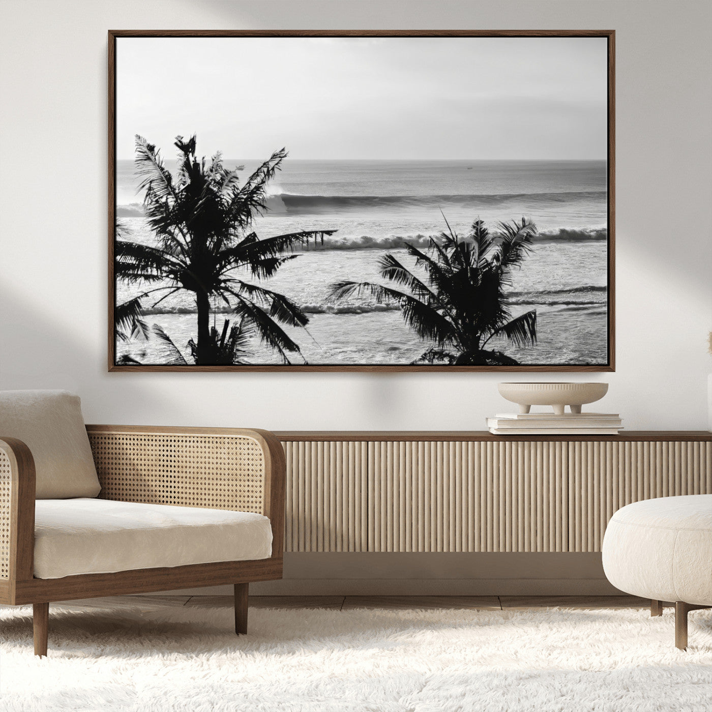 MGV-FC-36X24 - Tropical Coastline Wall Art Canvas Print, Framed Palm Trees Art Picture Print, Ocean Waves Perfect Minimalist Coastal Decor Artwork