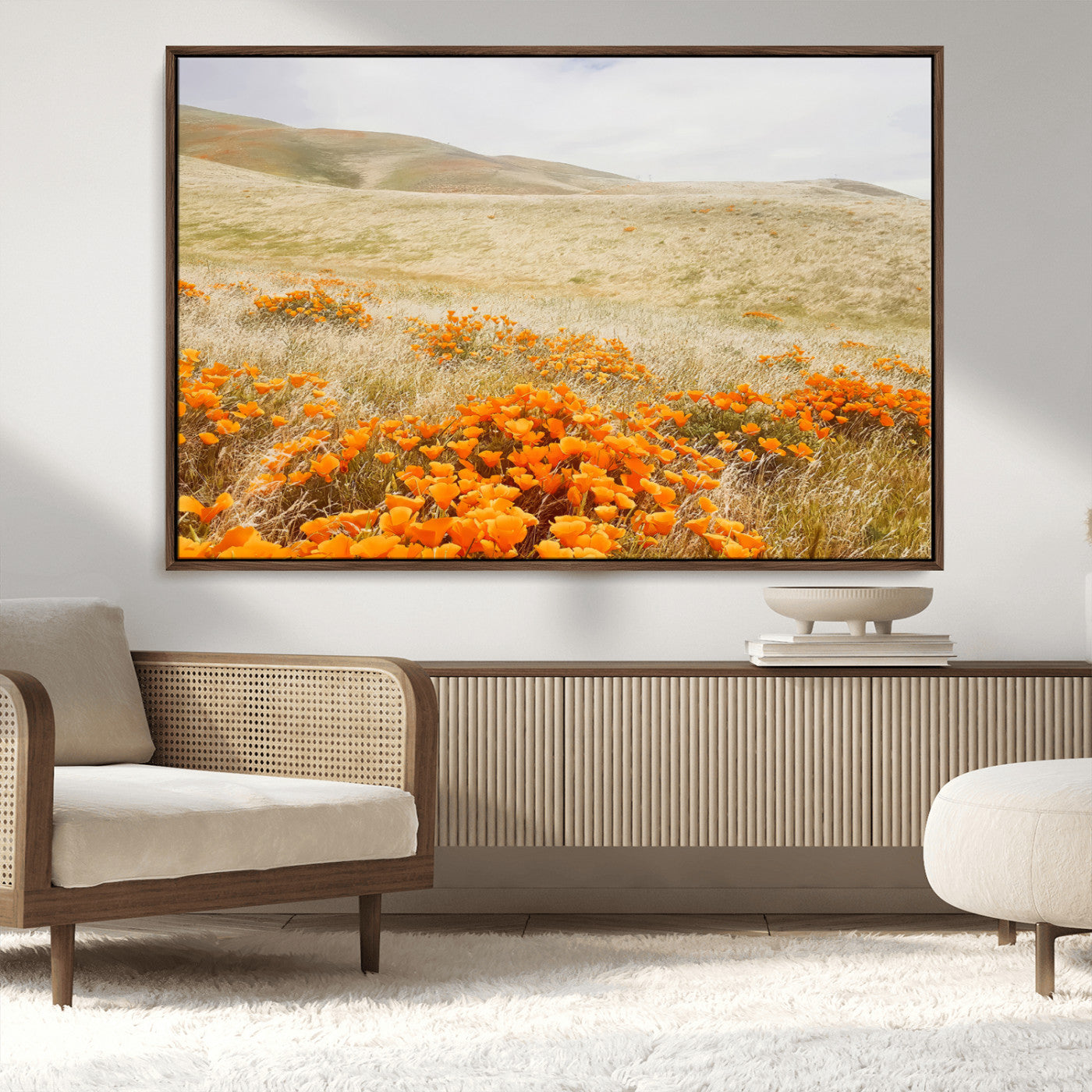 MGV-FC-36X24 - Golden Wildflowers Wall Art Canvas Print, Framed Hills Bloom Art Picture Print, Poppy Meadow Perfect Rustic Nature Decor Artwork