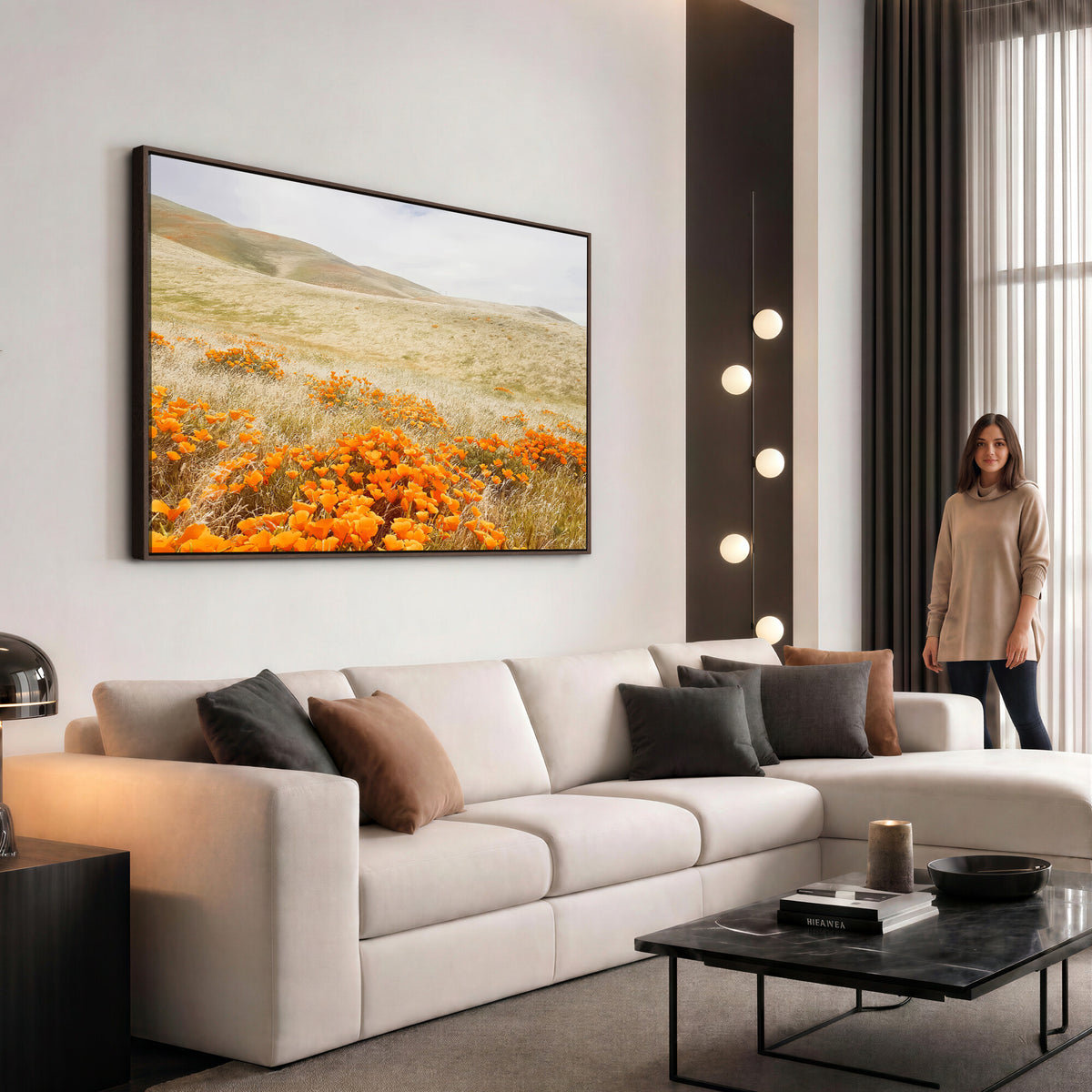 28972262-_Poster-30x20 - Golden Wildflowers Wall Art Canvas Print, Framed Hills and Poppy Meadow Scene