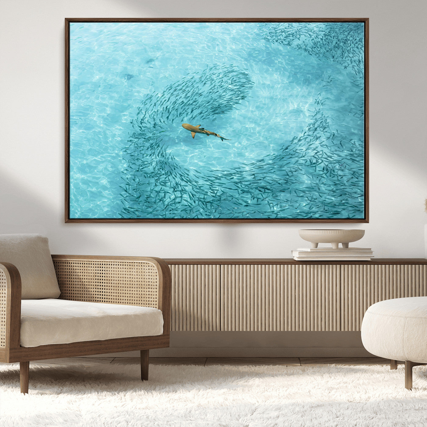 MGV-FC-36X24 - Fish Swarm Wall Art Canvas Print, Framed Marine Life Art Picture Print, Shark Aerial Perfect Wildlife Coastal Decor Artwork