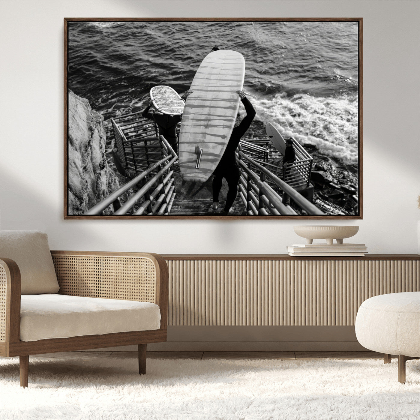 MGV-FC-36X24 - Black White Surfing Wall Art Canvas Print, Framed Coastal Surfing Art Picture Print, Wave Riders Perfect Coastal Adventure Decor Artwork