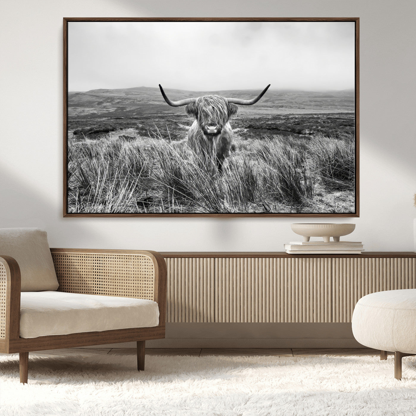 MGV-FC-36X24 - Monochrome Highland Cow Wall Art Canvas Print, Framed Scottish Bull Art Picture Print, Lone Cattle Perfect Rustic Farmhouse Decor Artwork