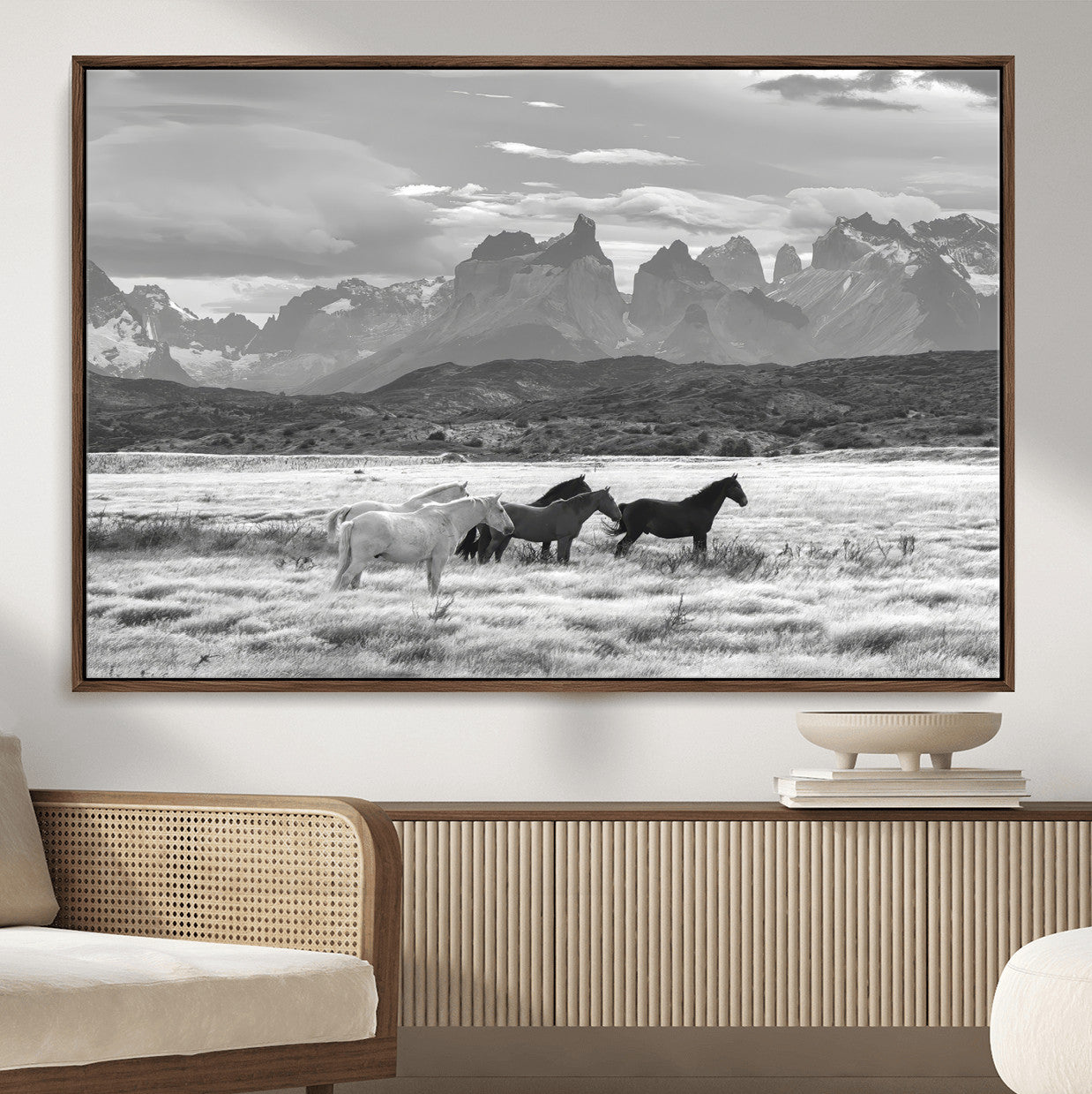 21655040-MGV-CV-36X24-Wild Horses Wall Art – Framed Black White Mountain Canvas Artwork, Rustic Countryside Design, Western Decor for Home, Office