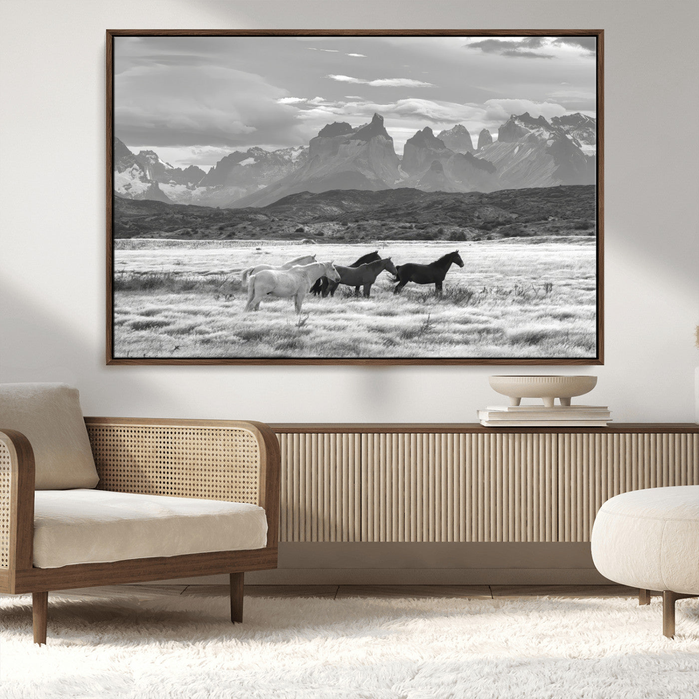 MGV-FC-36X24 - Wild Horses Wall Art Canvas Print, Framed Black White Mountains Art Picture Print, Rustic Countryside Perfect Rustic Western Decor Artwork