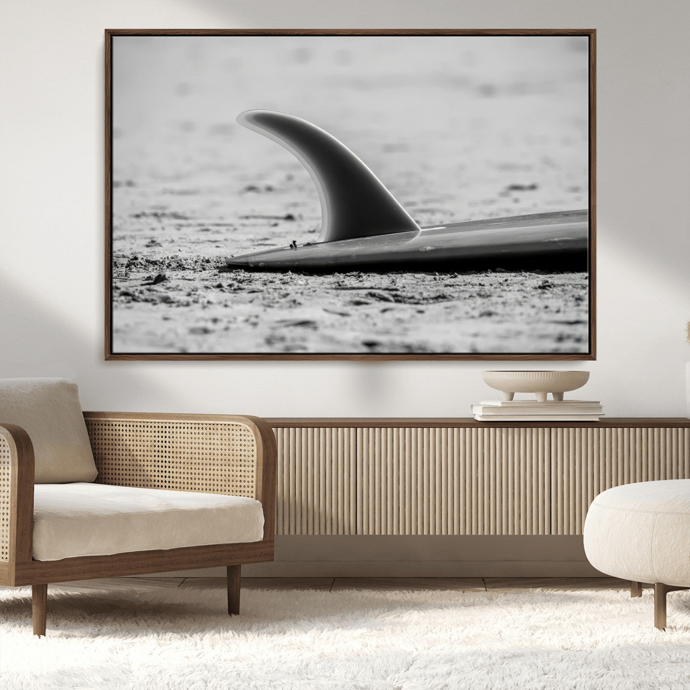 MGV-FC-36X24 - Black White Surfboard Wall Art Canvas Print, Framed Minimalist Beach Art Picture Print, Surf Fin Perfect Minimalist Coastal Decor Artwork